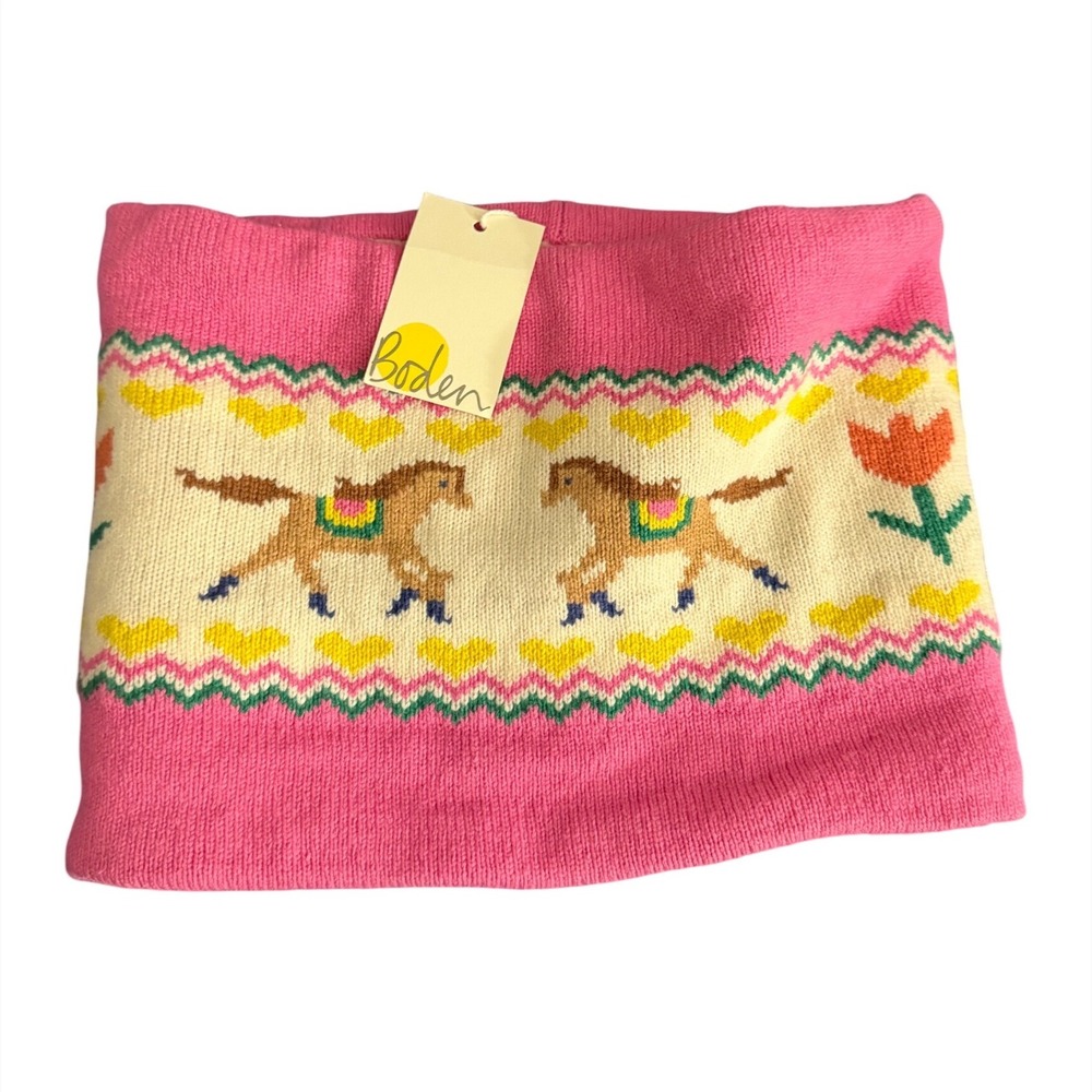Mini Boden Pink Fair Isle Reindeer Sherpa Lined Knit Neck Warmer Snood NWT M